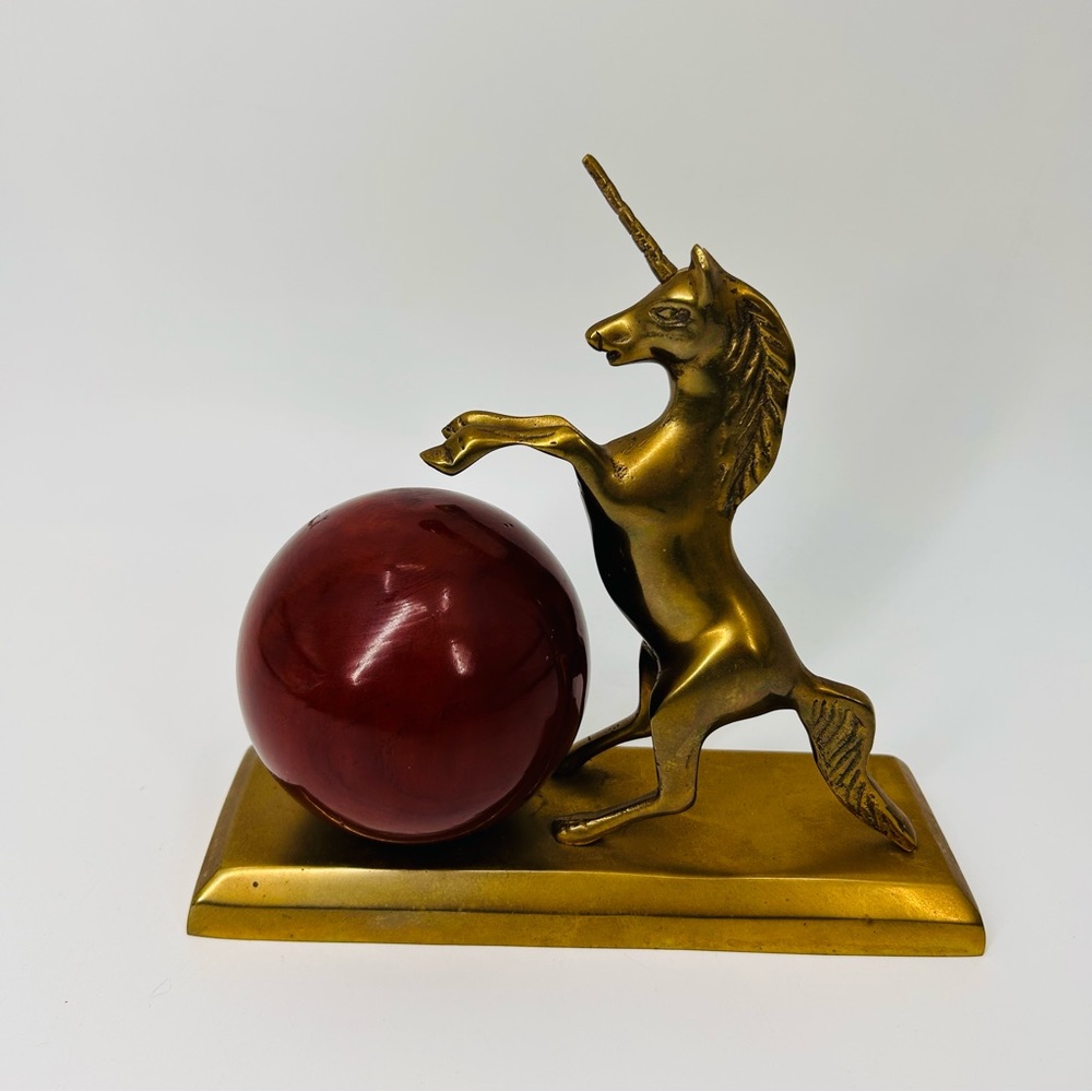 Vintage Solid Brass Unicorn With Wood Ball Home Decor